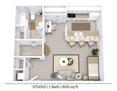 Floor plan for studio, 1 bath, 600 sqft
